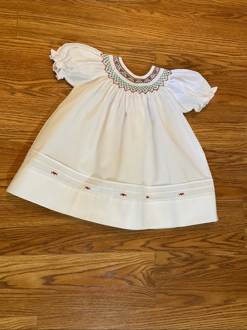 White Smocked Puff Sleeve Dress with Red & Green Accents for Kids